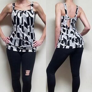 90s Vintage Charlotte Russe Black Gray Geometric Print Open Tie-Back Tube Tank